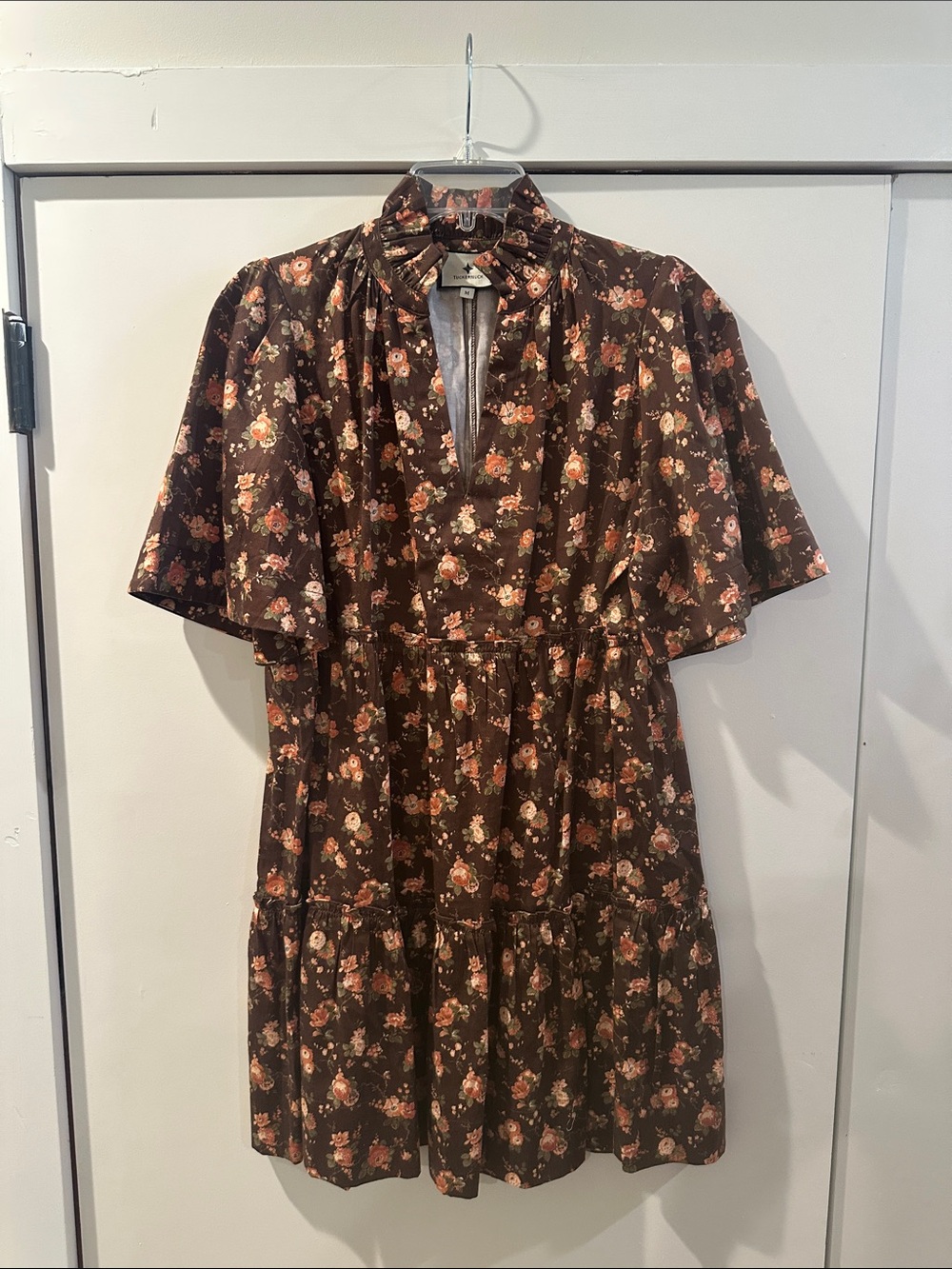 Tuckernuck Chocolate Brown Floral Short Sleeve Tiered Dress